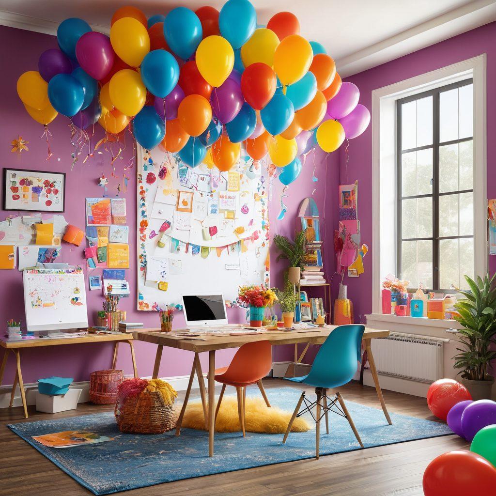 A vibrant scene showcasing a dynamic event planning workspace, filled with colorful decorations, brainstorming boards, and enthusiastic teens collaborating. Include elements like balloons, creative sketches, and digital devices, with laughter and excitement radiating through the air. Capture the essence of joyful celebration and innovation through lively expressions and energetic colors. super-realistic. bright and cheerful. vibrant colors.