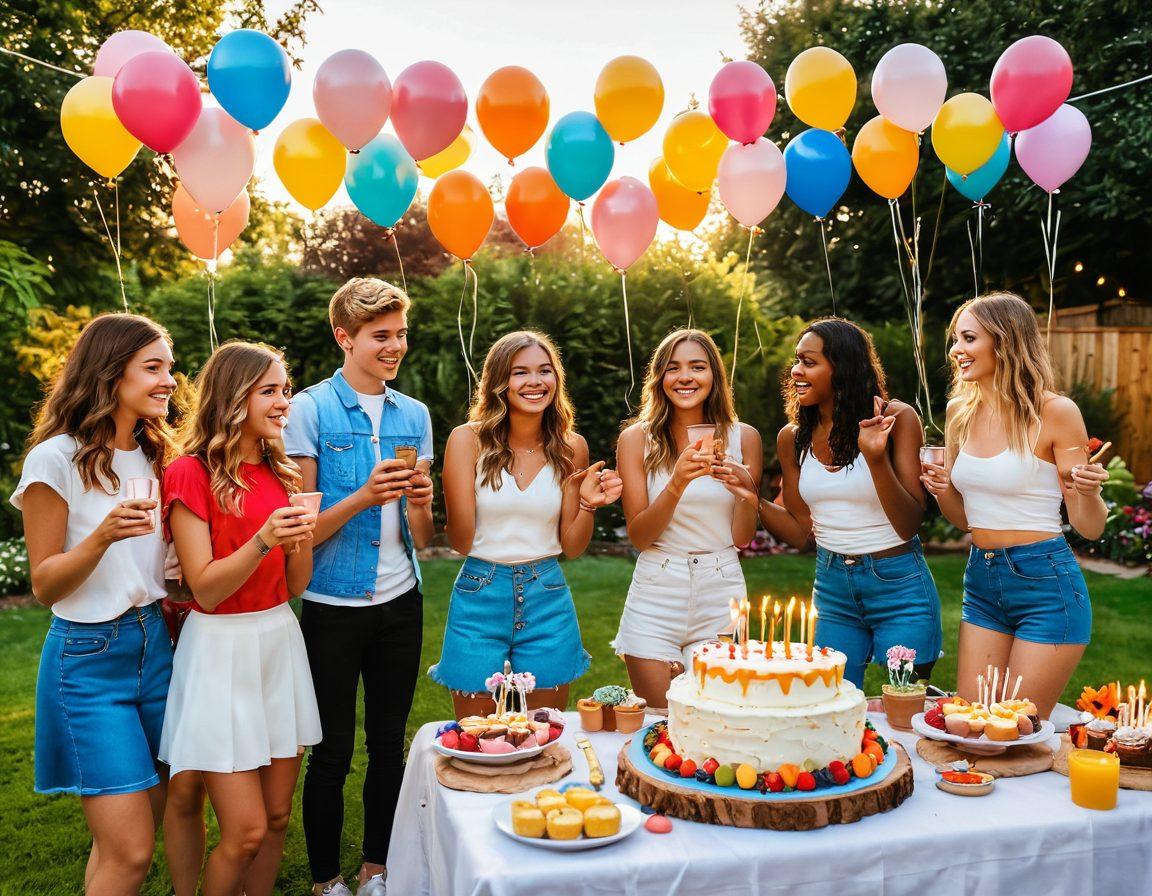 A vibrant scene of a teenage birthday party set in a colorful garden, featuring a beautifully decorated cake with candles, balloons in various colors floating around, and a group of joyful teens engaging in fun activities like dancing, playing games, and taking selfies. The sun sets in the background, casting a warm golden light over the festivities. super-realistic. vibrant colors. outdoor setting.