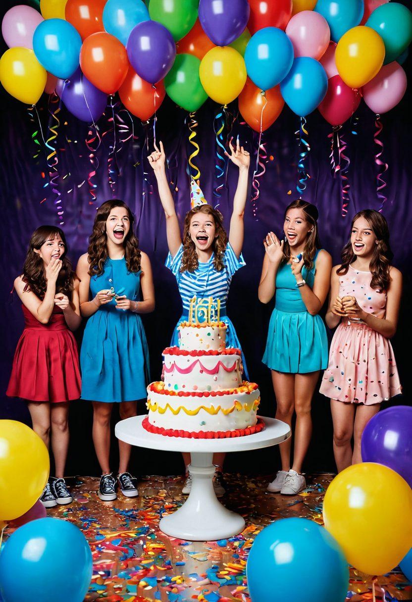 A vibrant teenage birthday party scene featuring a whimsical cake with sixteen candles transitioning to eighteen, colorful balloons, and energetic friends celebrating. There should be innovative decorations like a glow-in-the-dark dance floor and themed photo booth, capturing the joy and excitement of the transition. Include festive confetti raining down for added festivity. bright colors. celebratory atmosphere. playful and fun illustration.